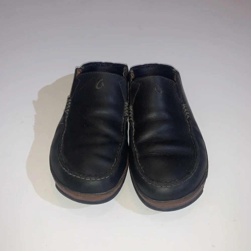 OluKai Moloa Shoes Mens Size 8 Black Leather Slip On Loafers Casual Comfort